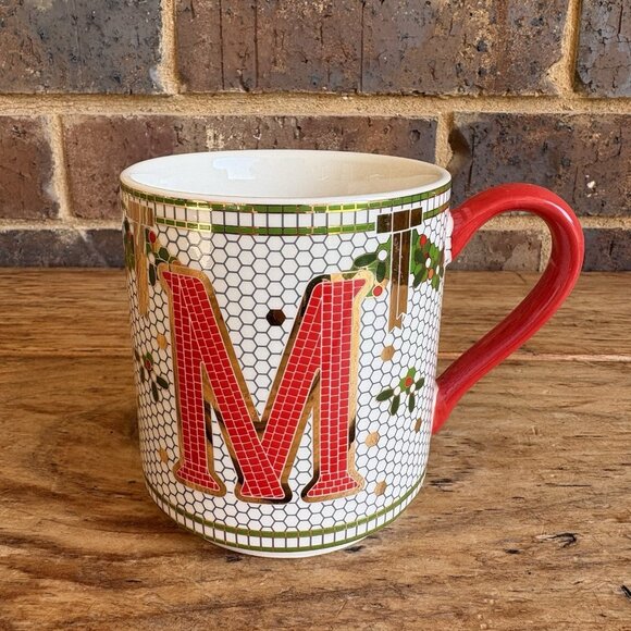 Anthropologie Cup Of Joy Festive Bistro Tile Letter M Monogram Coffee Mug Red - Picture 1 of 10